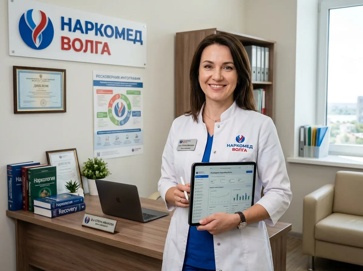 Врач-нарколог клиники НаркоМед Волга в белом халате с планшетом, современный медицинский кабинет, доброжелательный взгляд, профессиональная обстановка