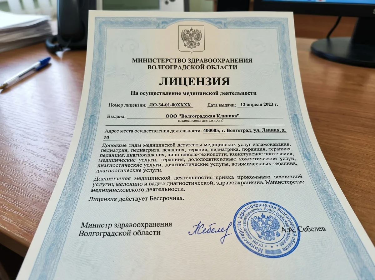 Лицензия на медицинскую деятельность Министерства здравоохранения Волгоградской области, официальный документ с печатью и подписью